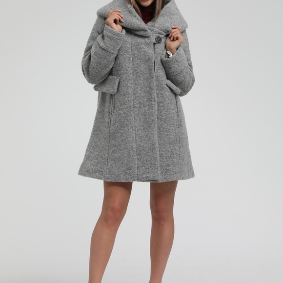 Blue Italian Brushed Wool hooded swing coat - Picture 2 of 7